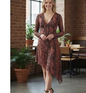 Oak & Trellis Dress NWT SZ Med Midi Autumn Leaf Baby Doll Long Sleeve Sheer HOCO